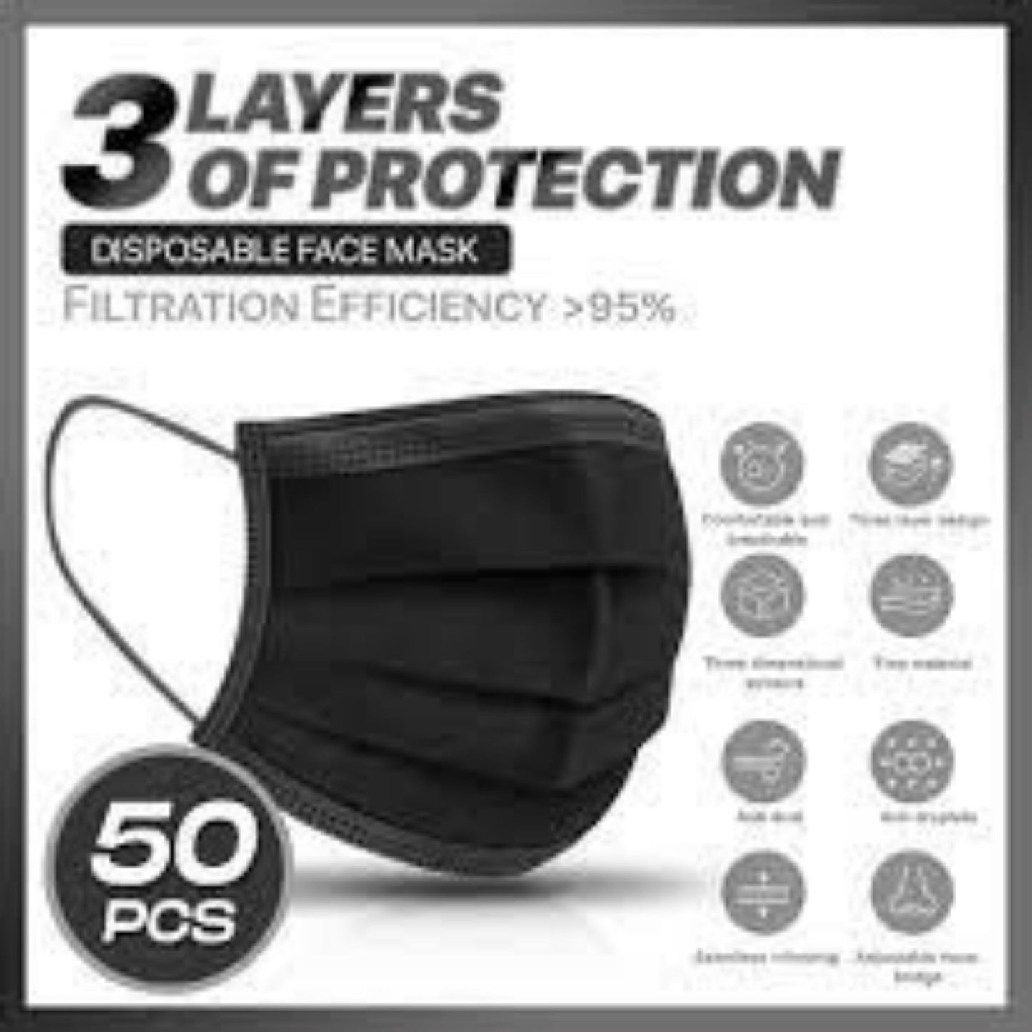 Black 3-Ply Masks (Box of 50) - Lion Healthcare Solutions Inc