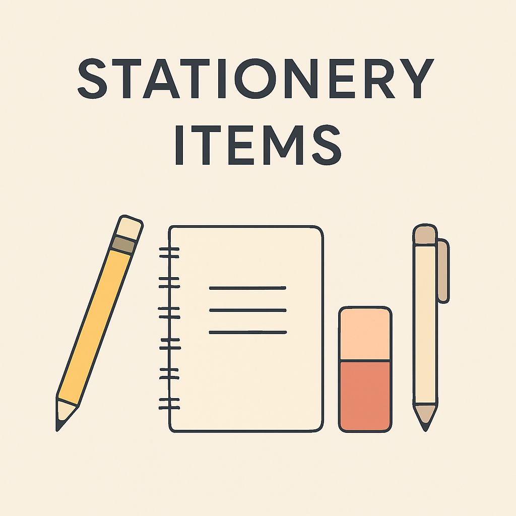 Minimalist illustration of four stationery items including a yellow pencil, cream notebook, two-tone eraser, and beige pen with the text "STATIONERY ITEMS" on a light beige background. Perfect for showcasing office supplies and school essentials.